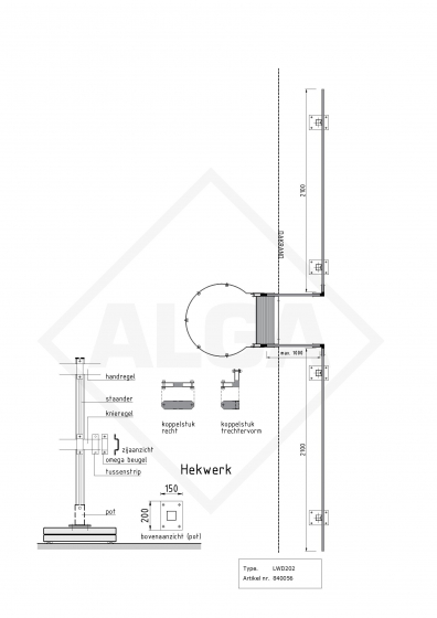 Hekwerk dakrand meelopend lengte 2,10 meter (set)